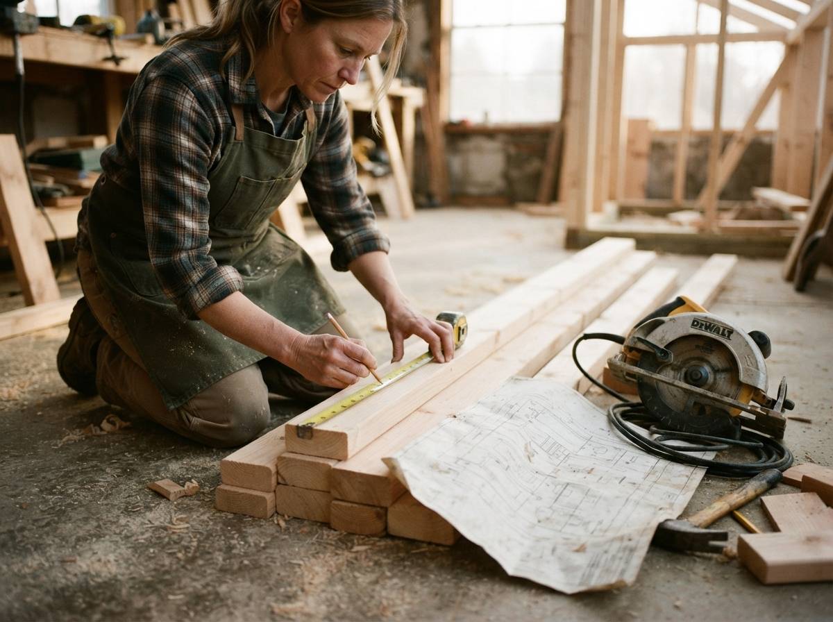 A builder measures a piece of lumber next to printed greenhouse construction plans and a circular saw.