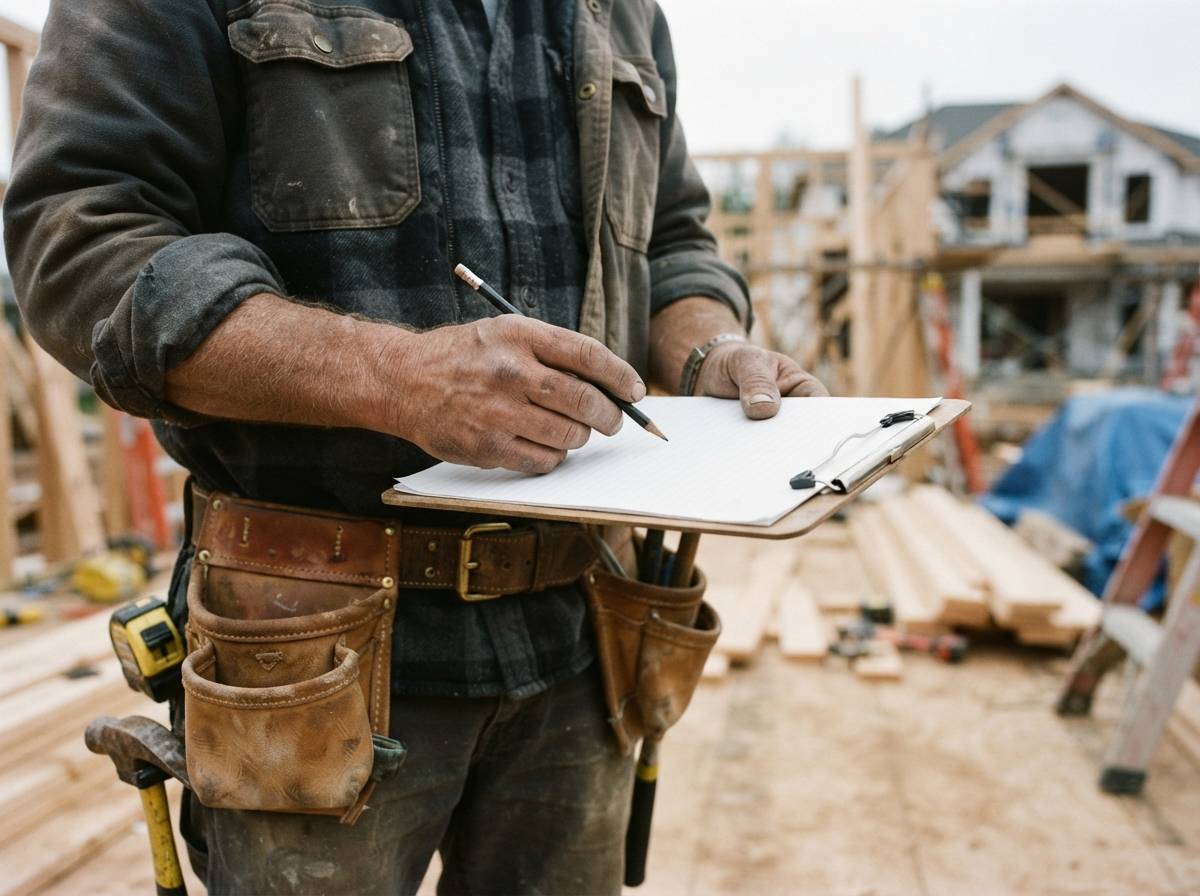 A contractor holds paperwork on a residential job site while wearing a tool belt.