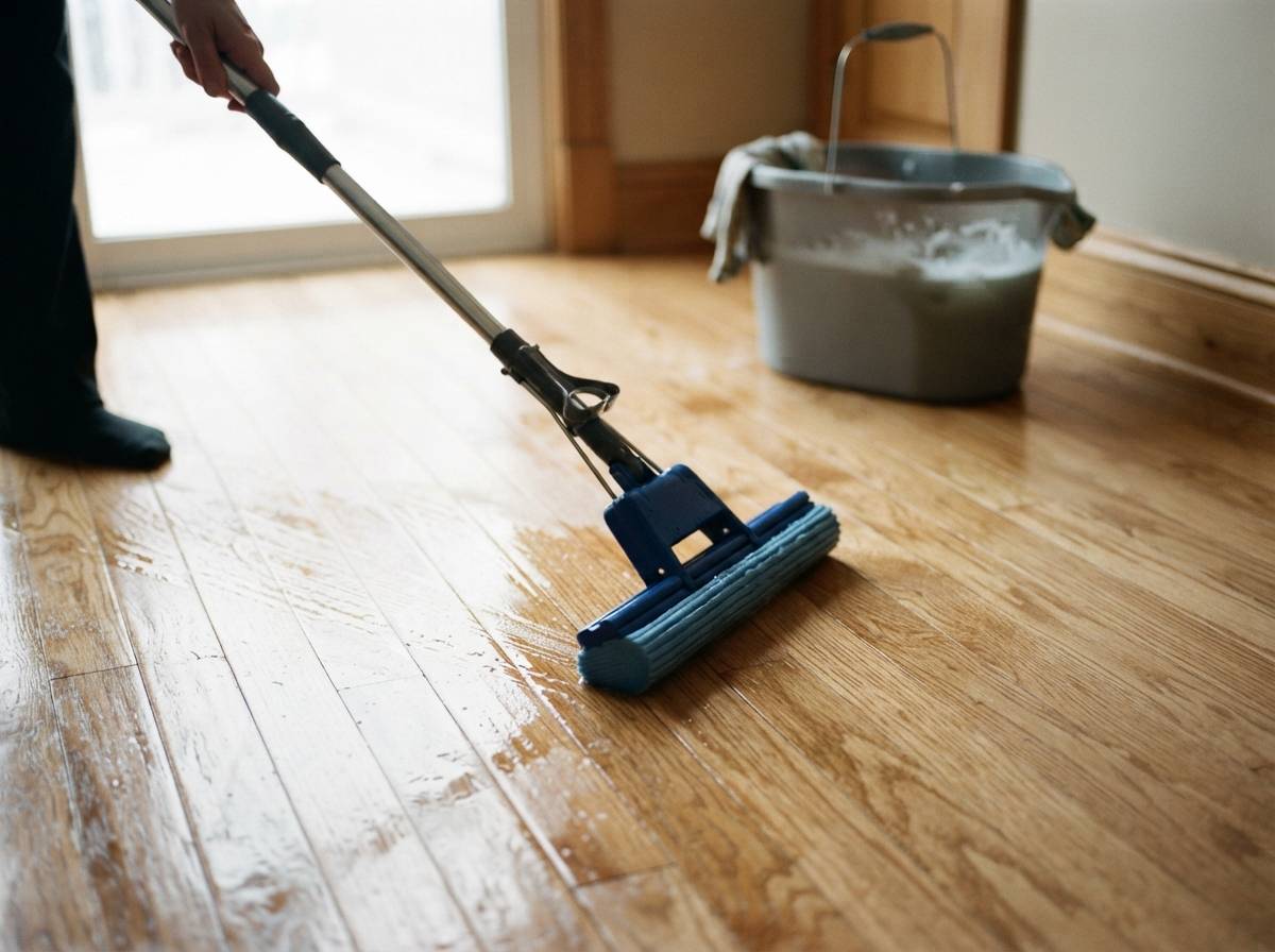 A damp sponge mop cleaning a section of hardwood floor with a bucket visible in the background.