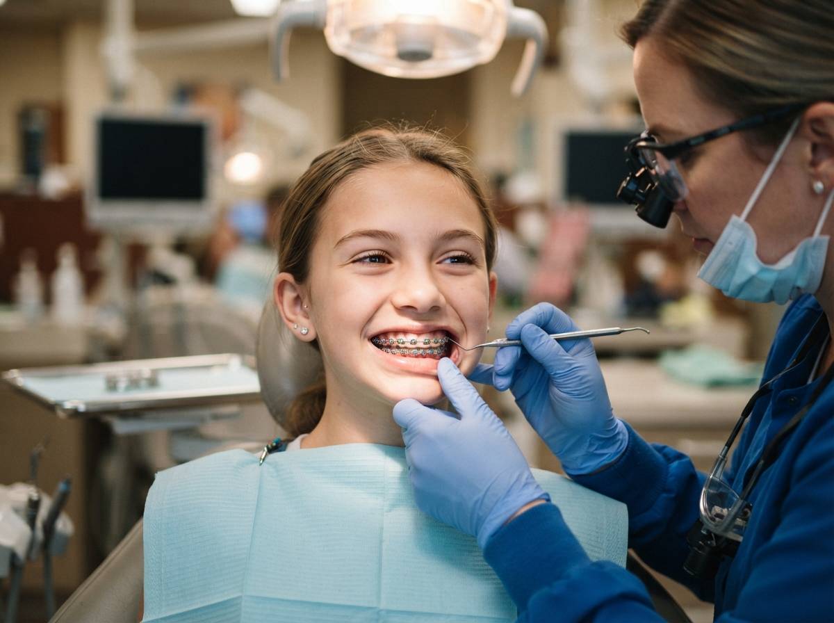 A dental hygienist adjusts a patient's braces during an orthodontic visit.