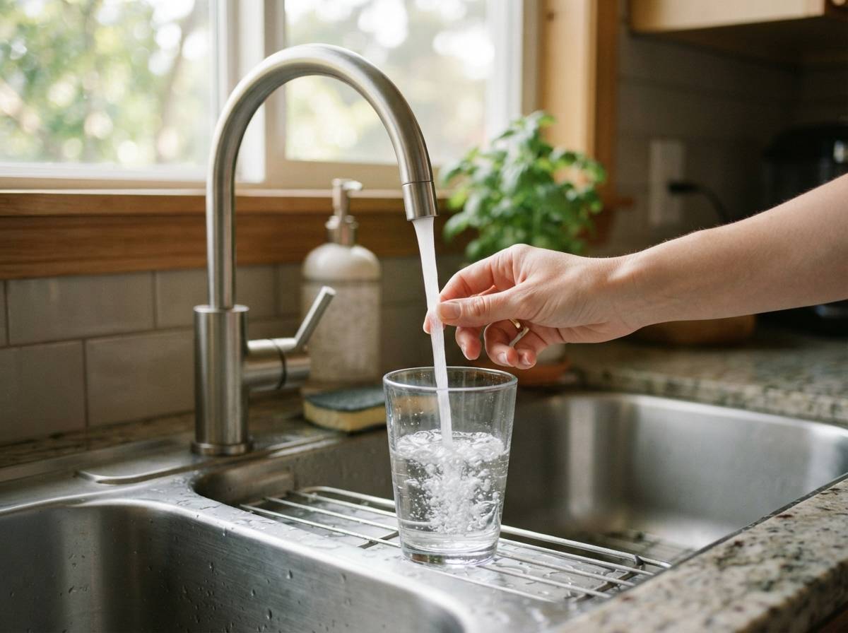 A hand filling a glass of water from a dedicated filtered water faucet at a kitchen sink.