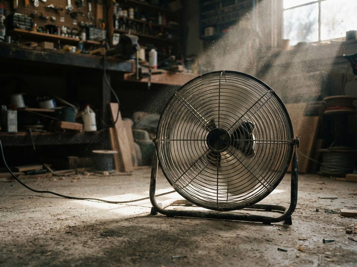 A high velocity floor fan running on a workshop floor with blurred spinning blades.