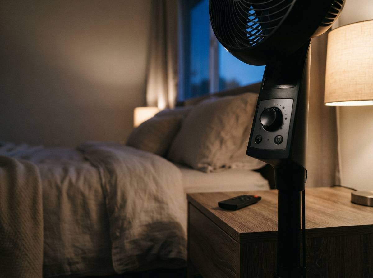A pedestal fan and its remote sitting beside a bed in a dimly lit bedroom.
