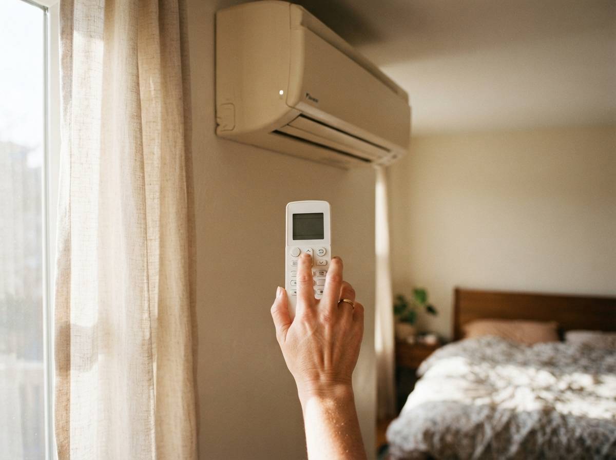 A person adjusting the remote control of a wall mounted air conditioner in a bedroom.