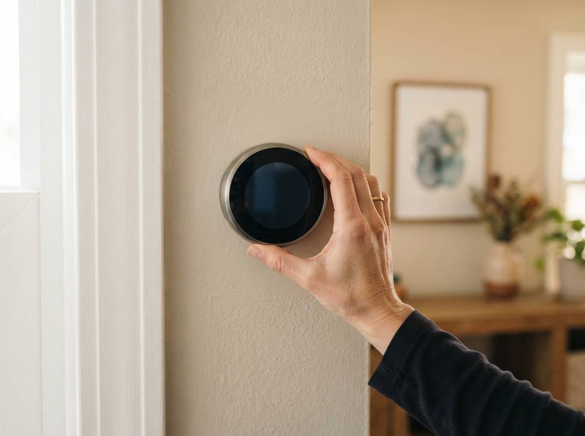 A person adjusts a smart thermostat mounted on a hallway wall in soft morning light.