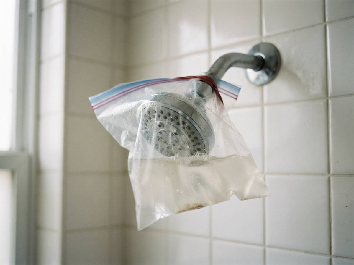 A plastic bag filled with vinegar cleaning solution tied around a wall mounted shower head to remove mineral buildup.