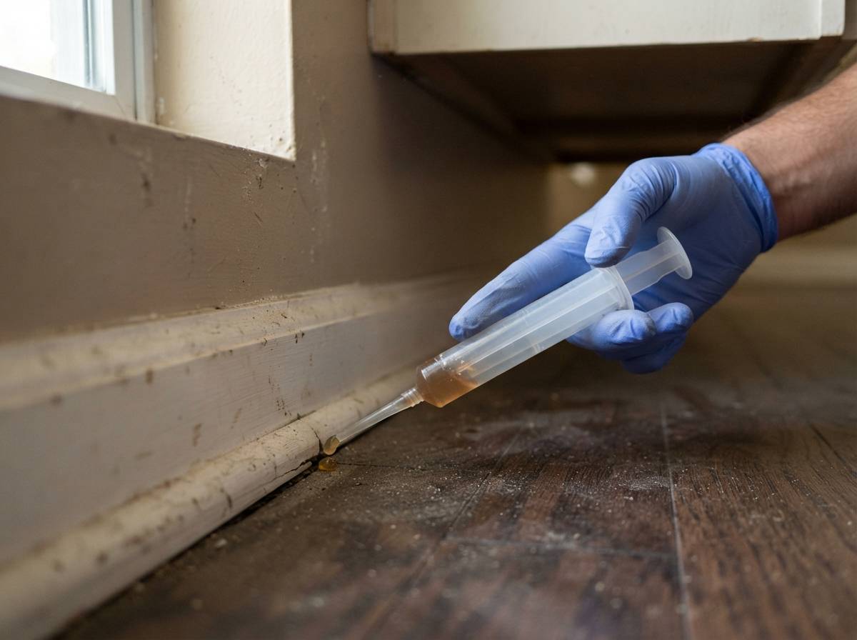 A plastic roach bait station sits on a kitchen floor near the cabinet edge.