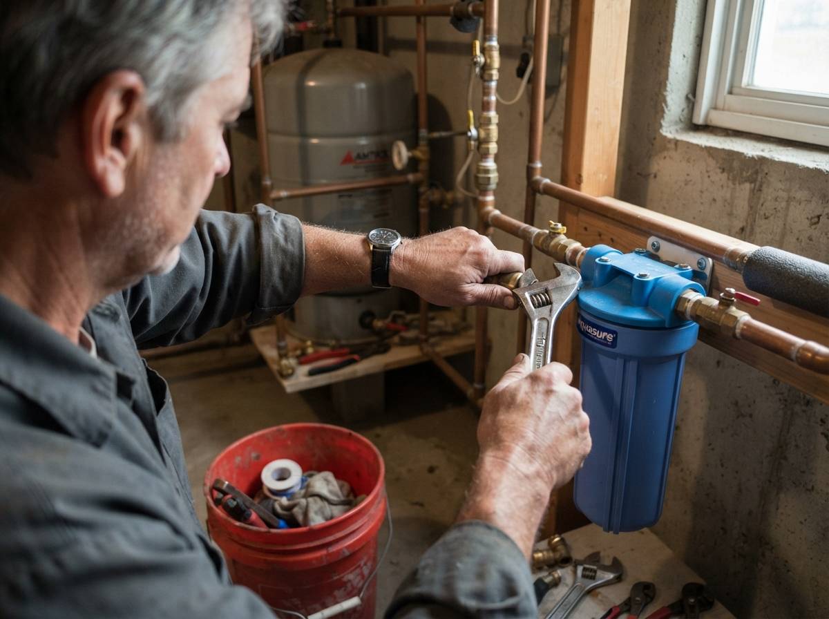 A plumber installs a whole house water filtration system in a home utility room.