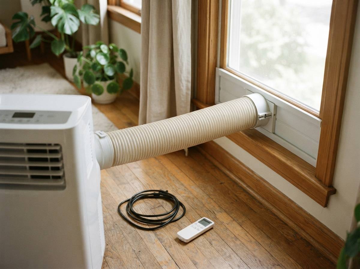 A portable air conditioner connected to a window vent panel with its exhaust hose in a sunlit room.