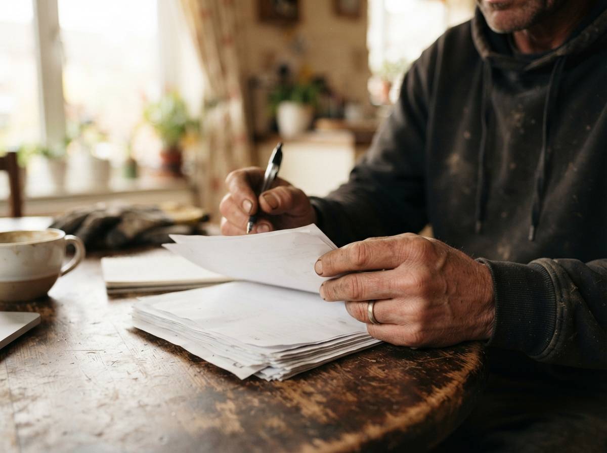 A self employed worker reviews insurance paperwork at a kitchen table.