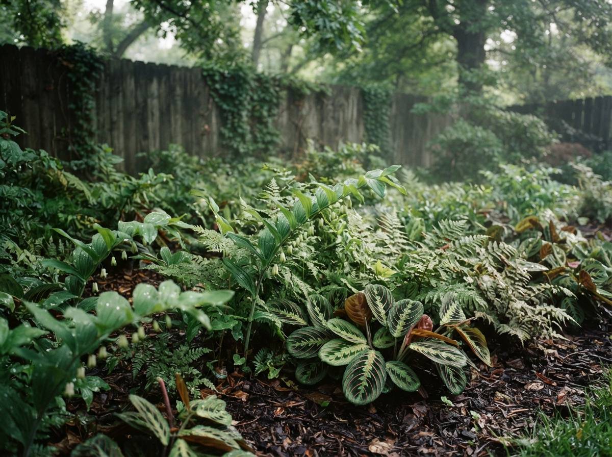 A shaded garden border planted with Solomon's seal, ferns, and prayer plant in the early morning.