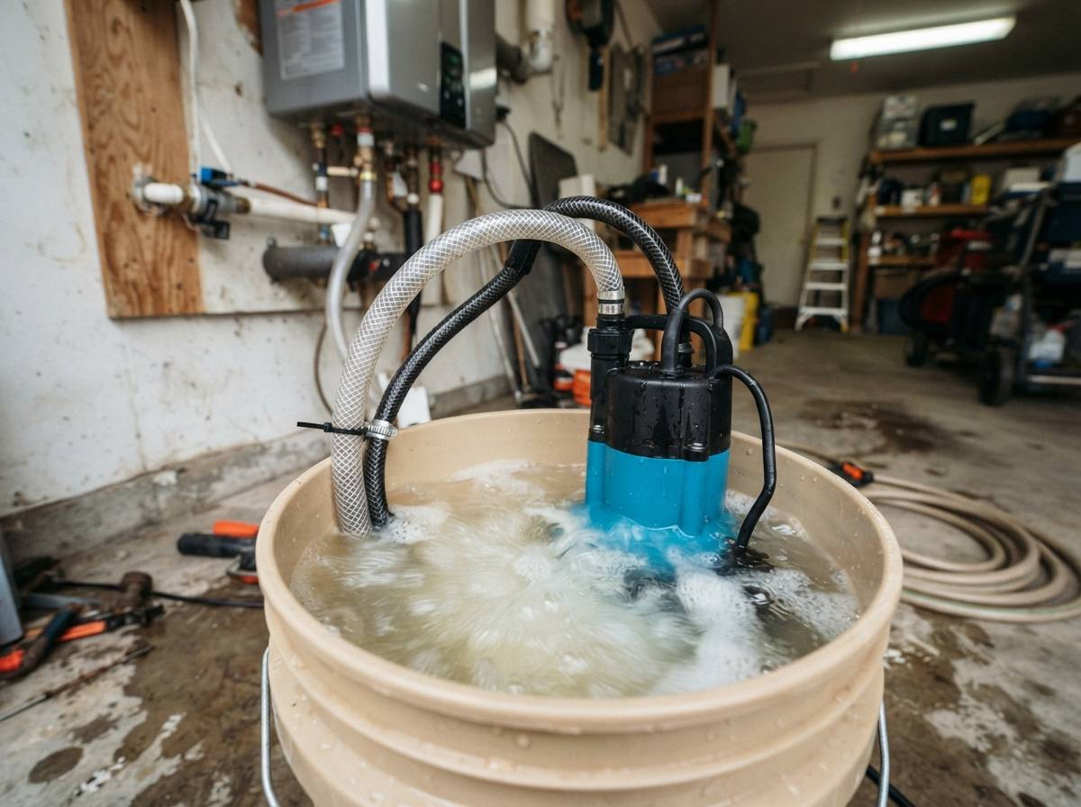A submersible pump circulates descaling solution through hoses connected to a tankless water heater during a flush.