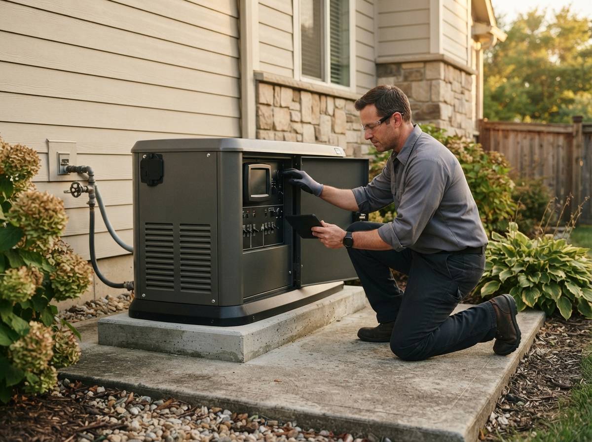 A technician inspects a standby generator installed outside a house.