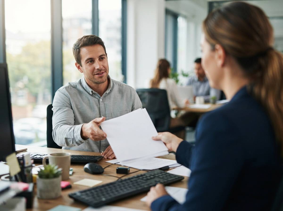 An HR staff member hands a benefits enrollment form to a coworker in an office.