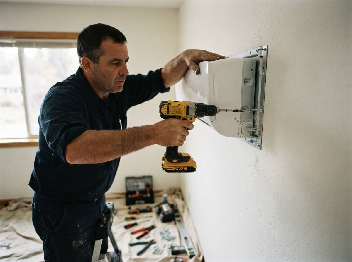 An HVAC technician installs a wall mounted ductless mini split unit using a drill and mounting bracket.