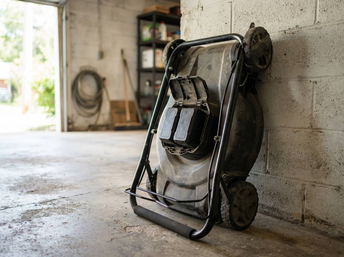 Close up of a cordless mower's folded handles and battery pack stored against a garage wall.