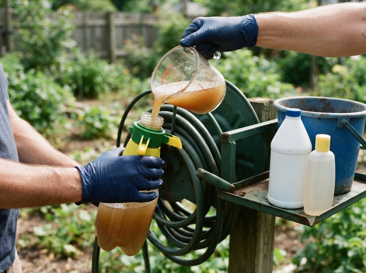 Close up of a hose end sprayer reservoir next to a bucket, ammonia bottle and baby shampoo used for homemade lawn fertilizer.