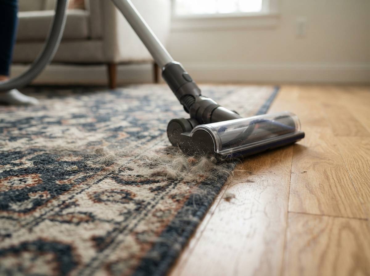 Close up of a vacuum head cleaning pet hair off an area rug near a hardwood floor edge.
