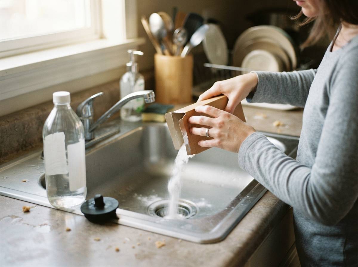 Close up of hands pouring baking soda into a kitchen sink drain next to a bottle of vinegar.