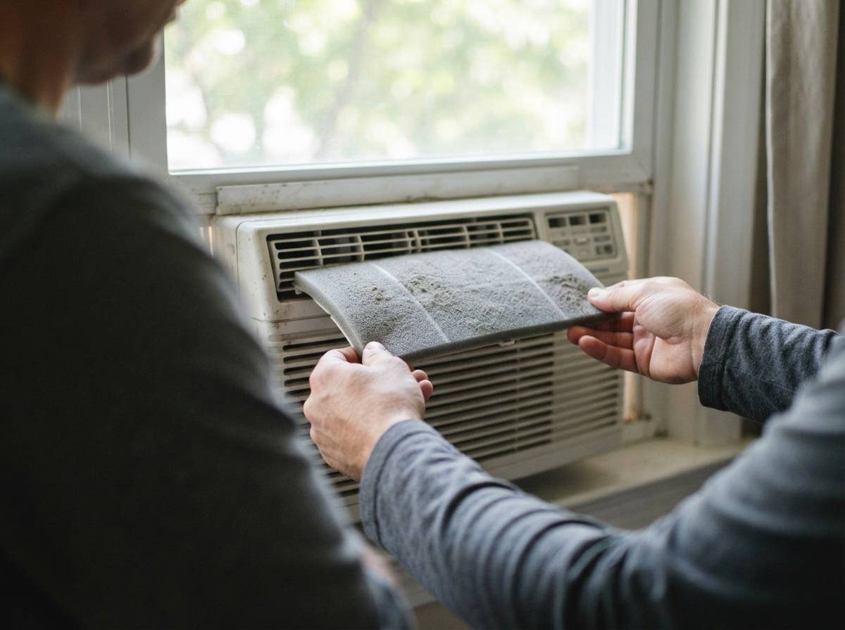 Close up of hands removing and cleaning the filter from a window air conditioner unit.