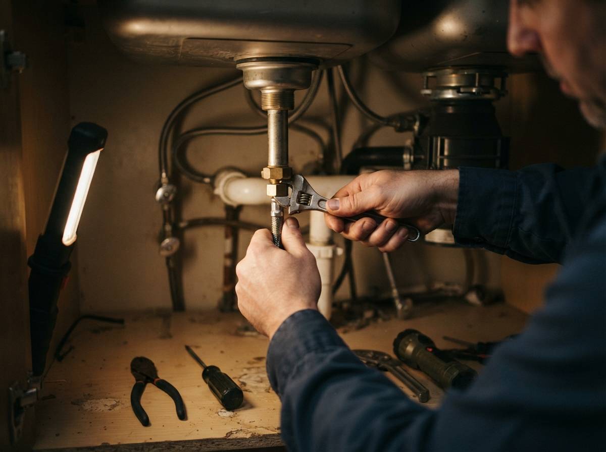 Close up of hands tightening a water supply line under a kitchen sink during faucet installation.