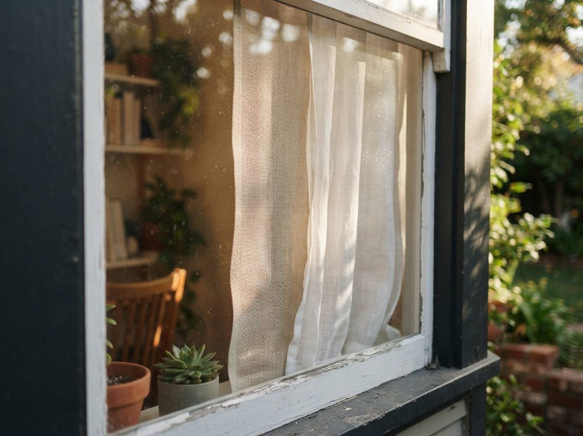Layered solar shades and thermal curtains filter afternoon sunlight through a home window.