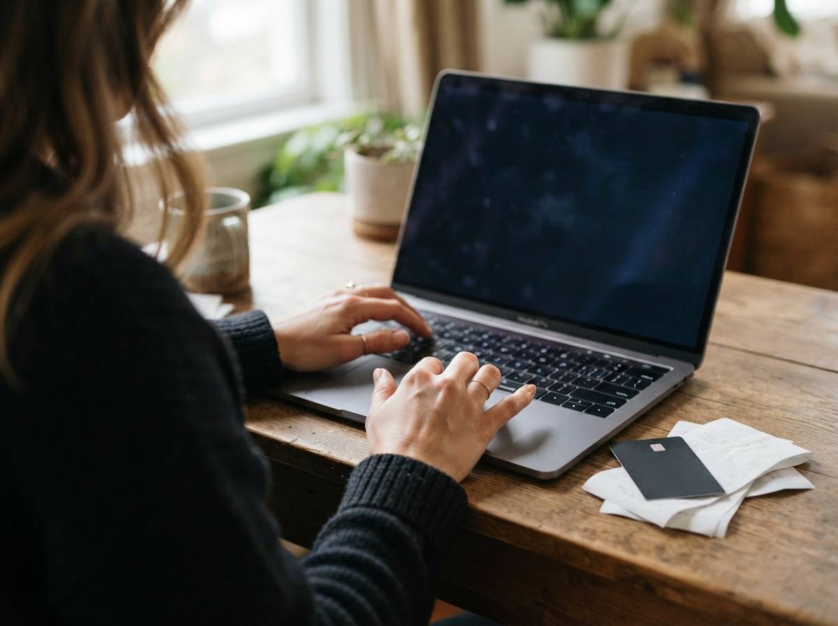 Person reviewing medical bills and receipts while using a laptop to check health savings account details.